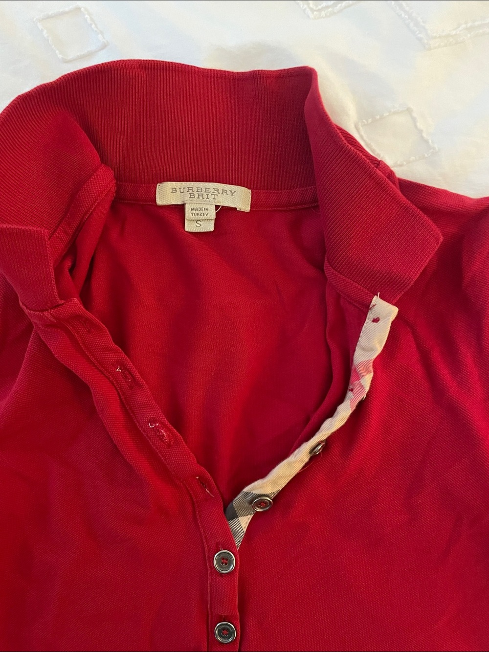 Burberry Red Polo-Style Button Sweater with Check Trim